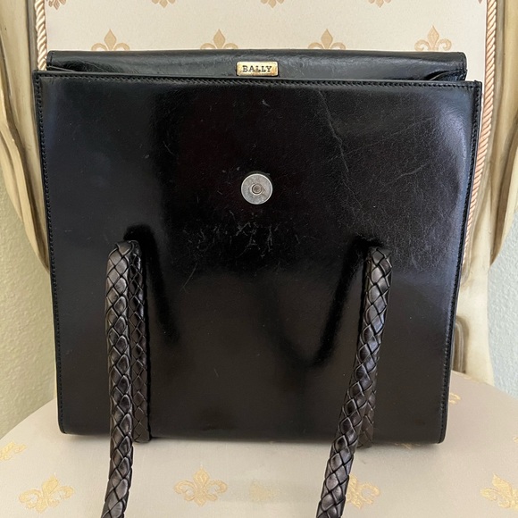 Bally Vintage Black Leather Double Braided Handles Timeless Design Shoulder Bag - Picture 4 of 12